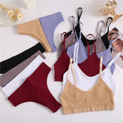 FINETOO Seamless Tanks Tops Panties Set Female Underwear Wireless Bra Crop Top Women Low-rise Underpants Soft Bralette Lingerie