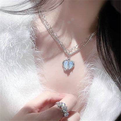 Crystal Silver Heart Pendant Necklace