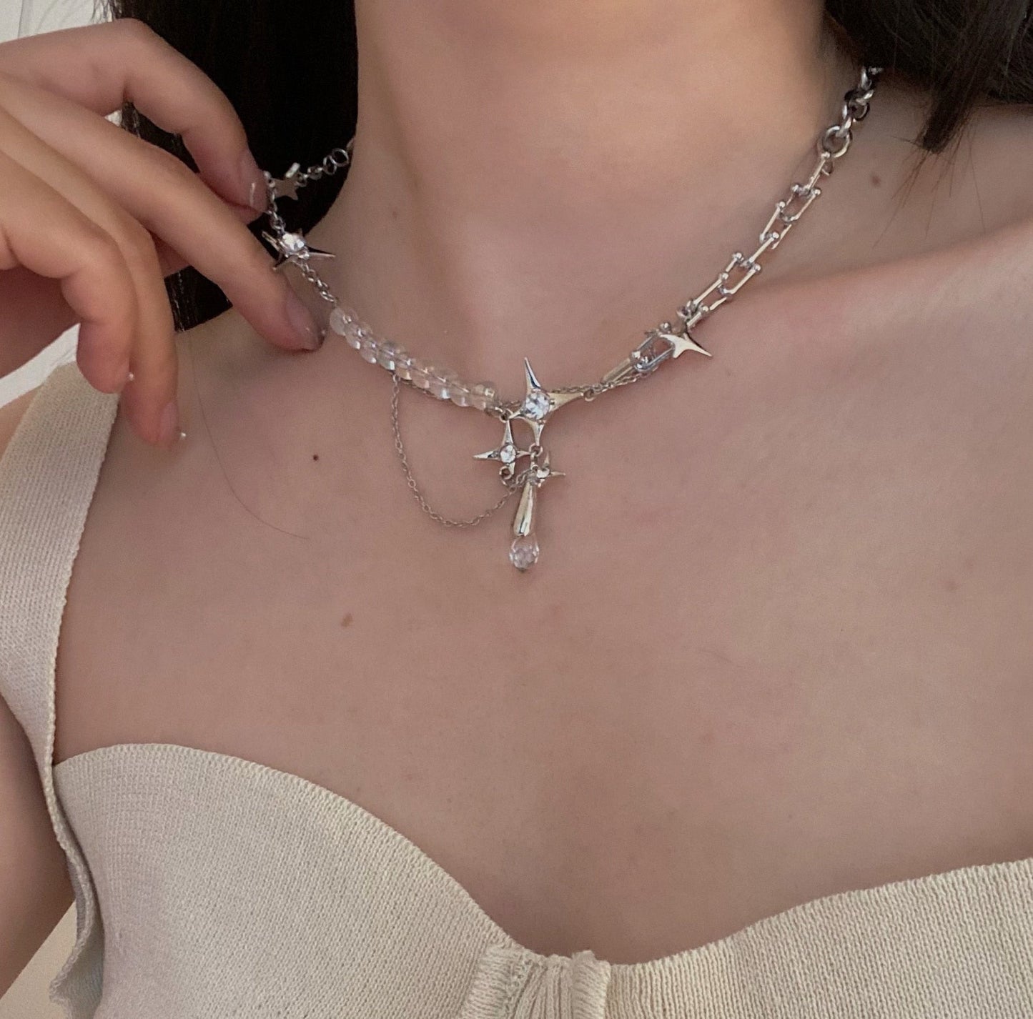 Silver Star Chain Crystal Necklace