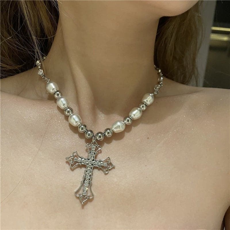 @MaggieLivings — Goth Celtic Cross Pearl Beaded Necklace