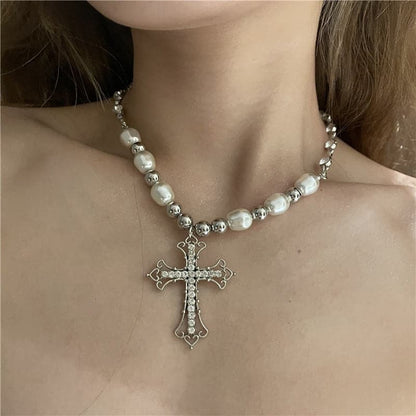 @MaggieLivings — Goth Celtic Cross Pearl Beaded Necklace