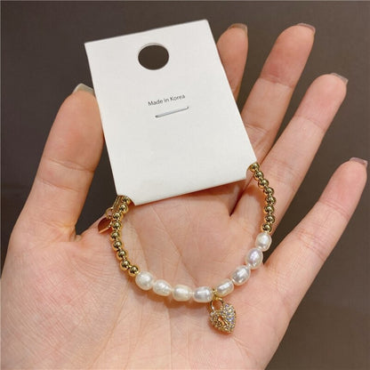 2022 Korean Elegant Freshwater Pearl Bracelet For Women Girs Fashion Zircon Heart Bangles Wedding Jewelry Gifts