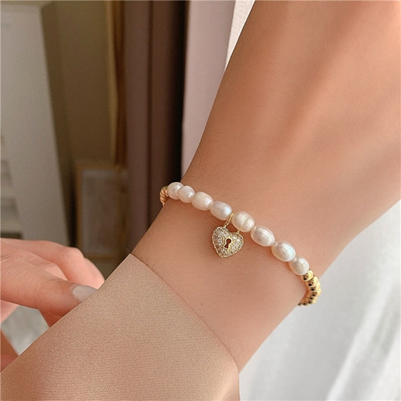2022 Korean Elegant Freshwater Pearl Bracelet For Women Girs Fashion Zircon Heart Bangles Wedding Jewelry Gifts