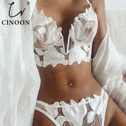 CINOON Sexy French Lace Embroidery Brassiere Lingerie Set Women&#39;s Underwear Set Push Up thin Bralette Deep V Bra and Panty Set