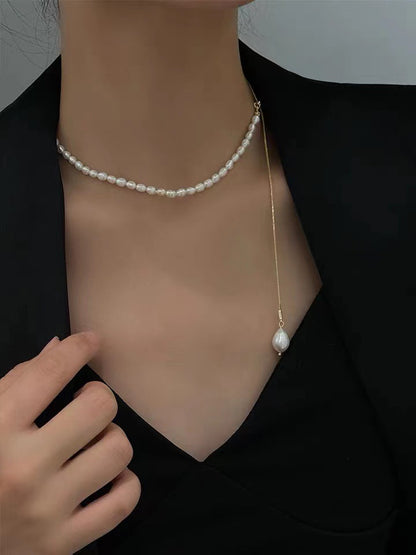 with the same net celebrity jewelry female Korean version Dongdamen temperament freshwater pearl adjustable pull-out necklace clavicle chain