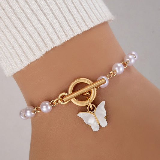 Tocona Pretty Butterfly Gold Color Bracelets for Women Elegant Pearl Stone Alloy Metal Jewelry Fetival Gift Accessories 23174