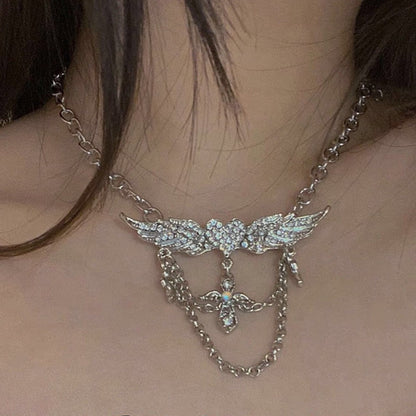 Y2K Heart Wings Rhinestone Necklace